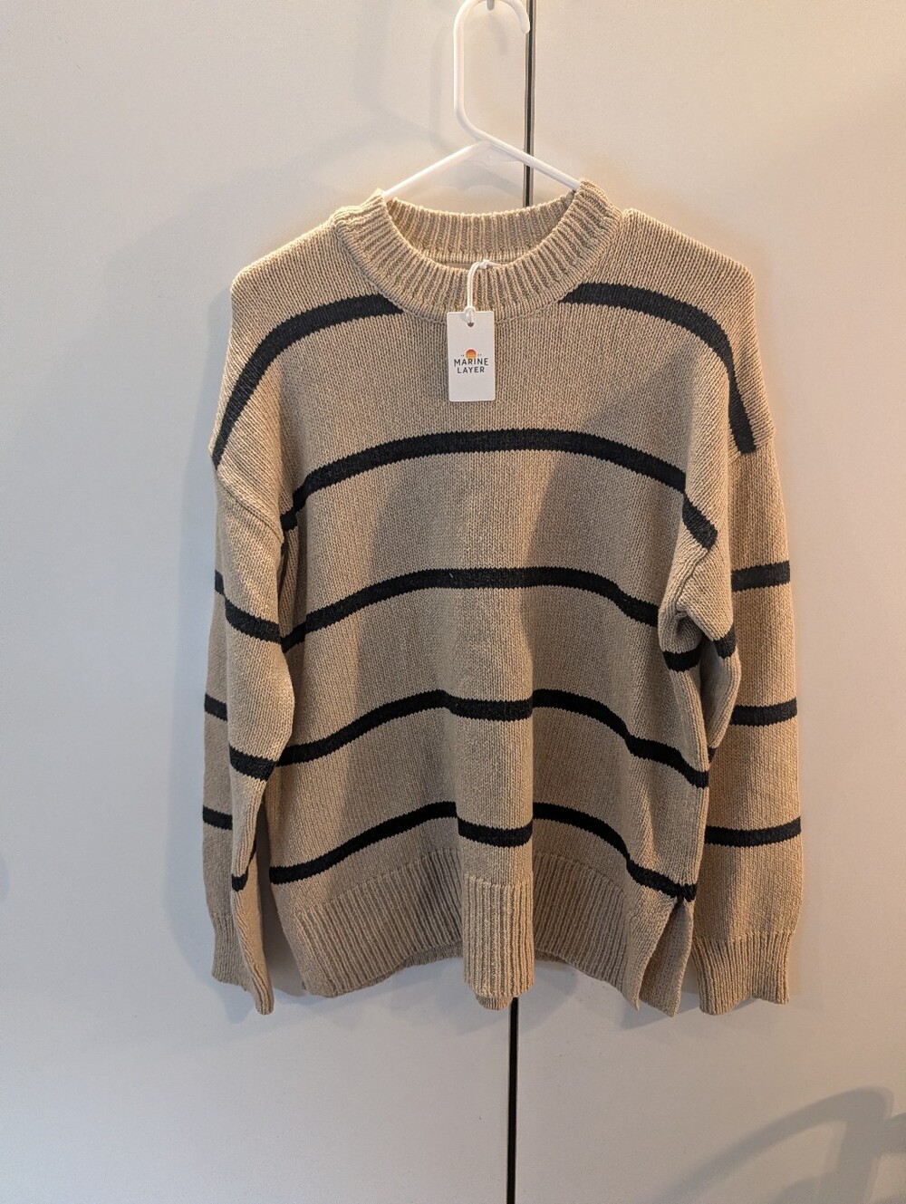 Marine Layer Woman's Oatmeal and Charcoal Striped Berkeley Crewneck Sweater NWT
